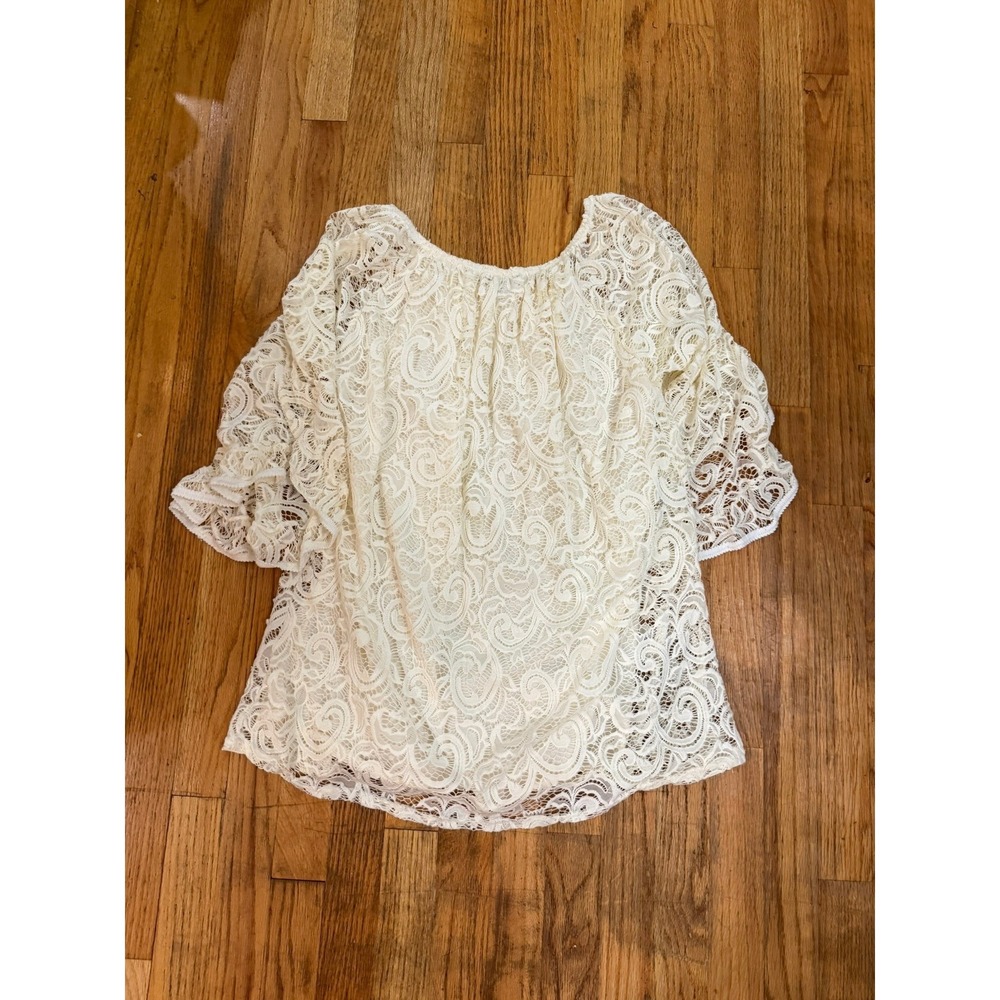 Ivory Lace Blouse Lined L/XL 3/4 Bell Sleeve Festival Cottage Whimsigoth Tunic - Picture 10 of 10